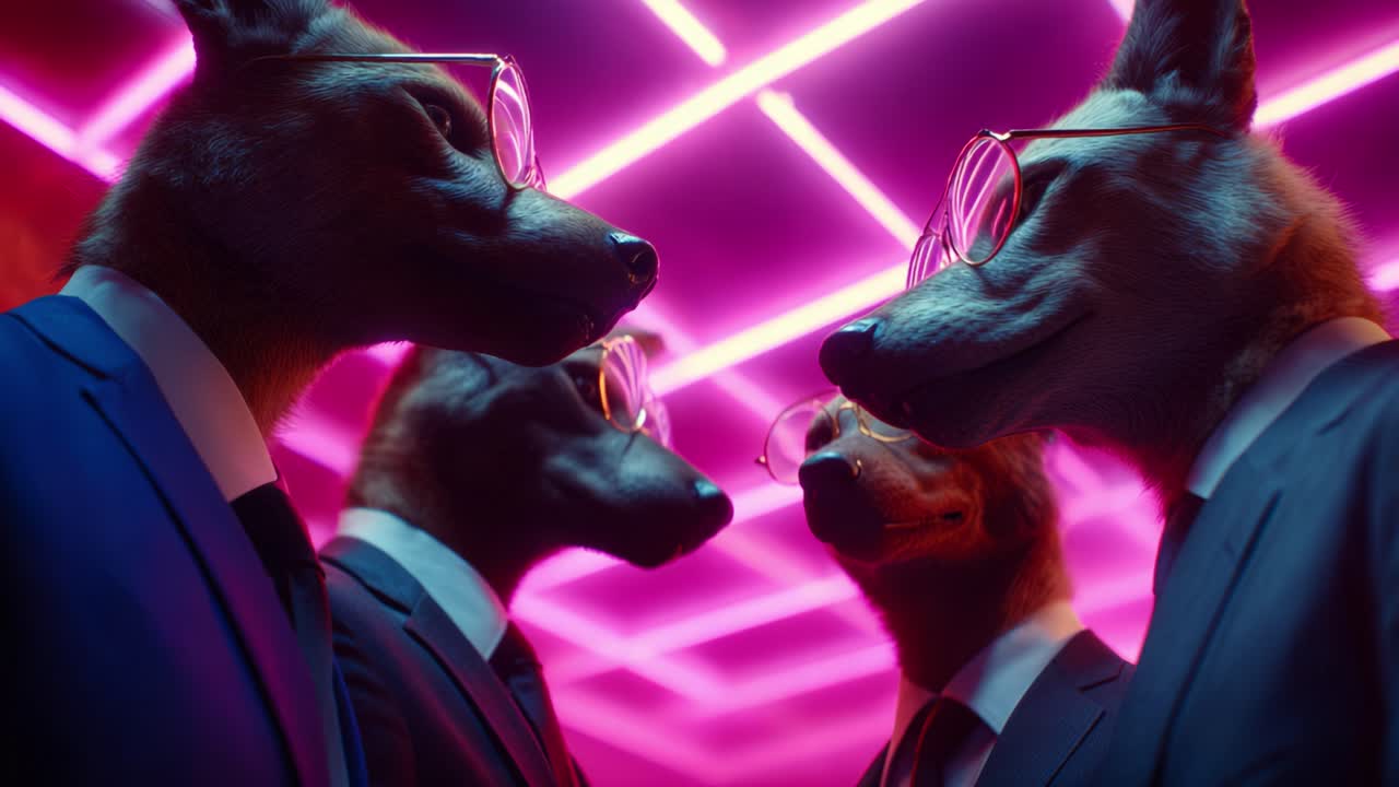 Stylishly Dressed Wolf Characters Engage in a Tense Meeting Illuminated by Neon Lighting, Creating an Unforgettable Atmosphere of Uniqueness and Intrigue in a Surreal Setting