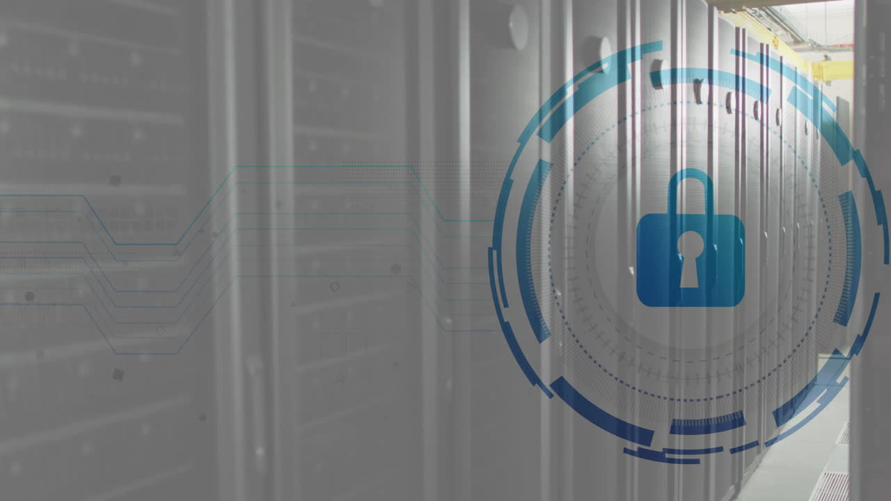 animación de escaneo de alcance con icono de candado sobre la sala del servidor