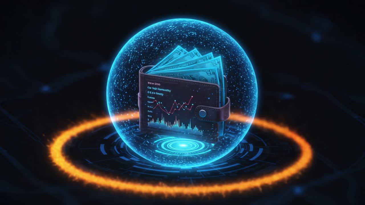 A futuristic digital wallet encapsulated within a glowing sphere, showcasing advanced technology and financial data in a mesmerizing visual display