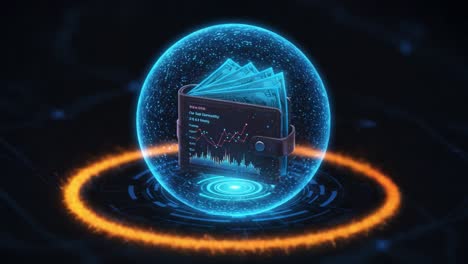 a futuristic digital wallet encapsulated within a glowing sphere, showcasing advanced technology and financial data in a mesmerizing visual display