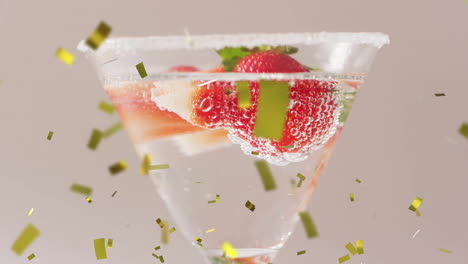 animation of confetti falling and cocktail on white background