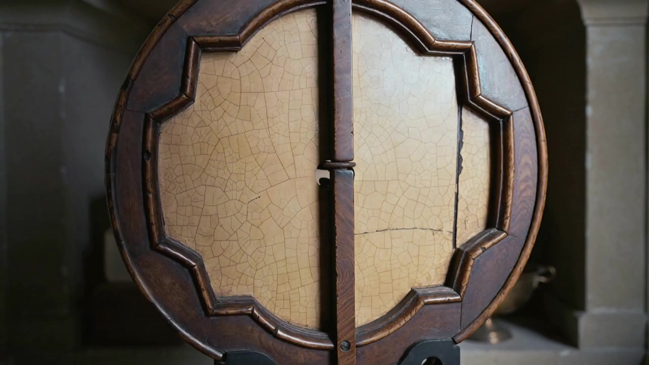 Draaiende schijf onthult een klaverblad en een gebarsten achterkant met een scharnier dat draait in stenen plankdozen en schalen.