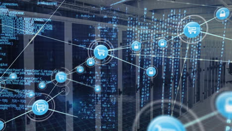 animation of network of connections with icons over computer servers