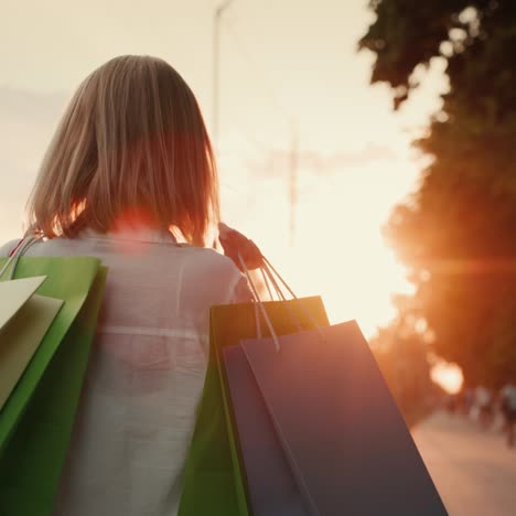 a shopper with packages walks down the street at sunset 1