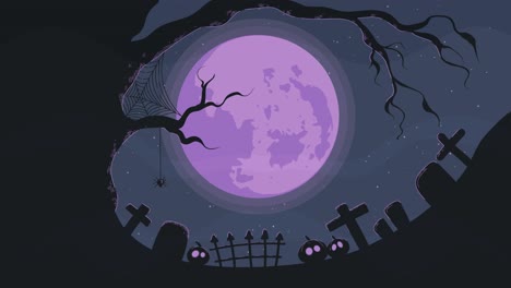 보름달이 있는 짙은 푸르스름한 무서운 밤의 애니메이션, 거미가 매달려 있는 으스스한 나무, 무서운 살아 있는 호박과 무서운 무덤