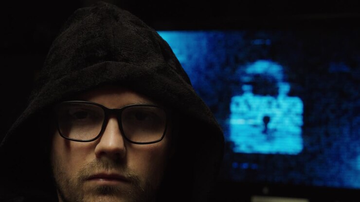 Primo piano cinematografico di un uomo serio che si sistema il cappuccio davanti a un lucchetto digitale luminoso su uno schermo di computer, a simboleggiare la cybersecurity, la protezione dei dati e le minacce online.