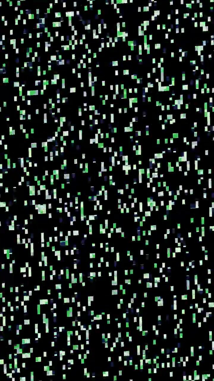 Effetto glitch digitale astratto con pixel verdi e blu su sfondo nero