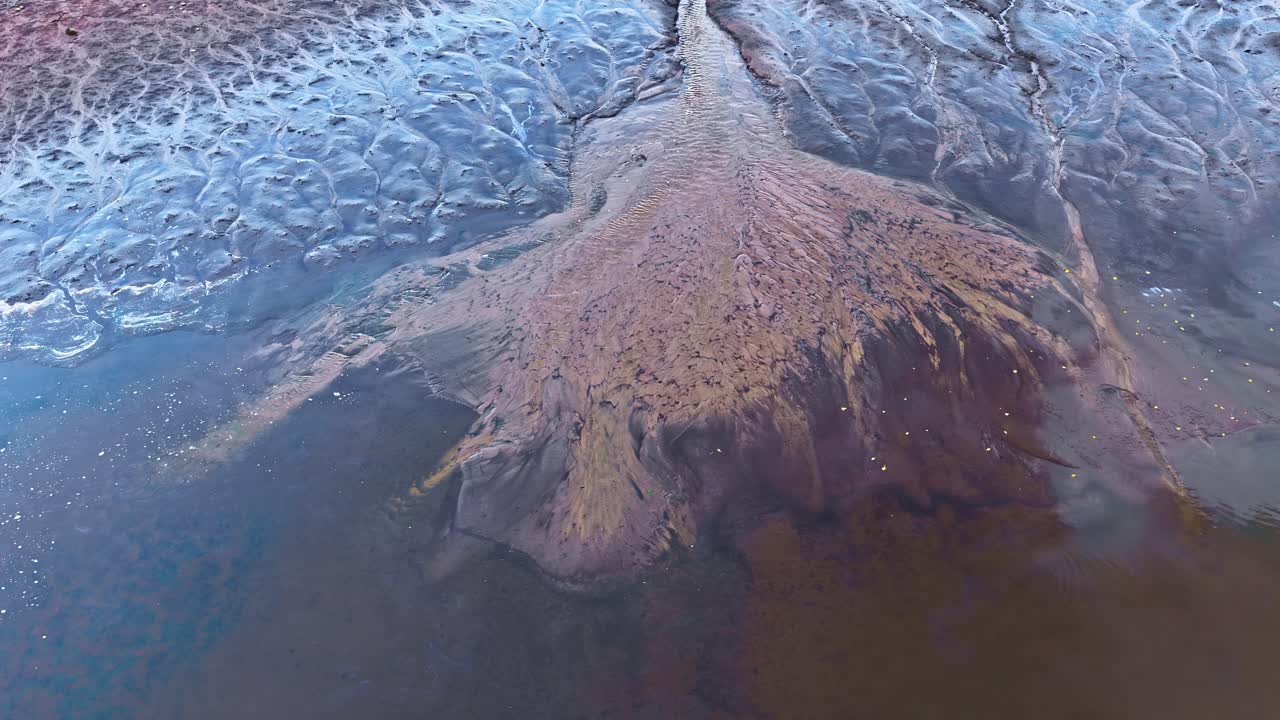 Aerial views of abstract mud patterns and sediment runoff in to the lake