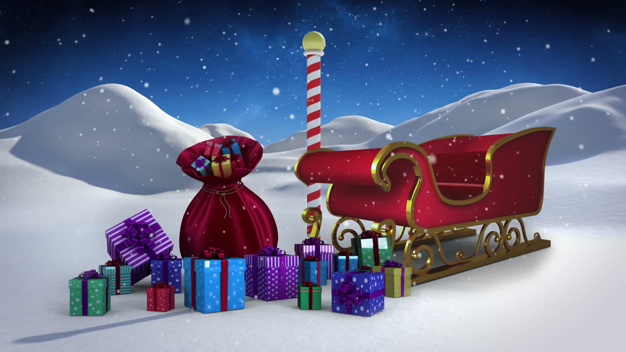 Santa sled full of gifts in snowy landscape at north pole