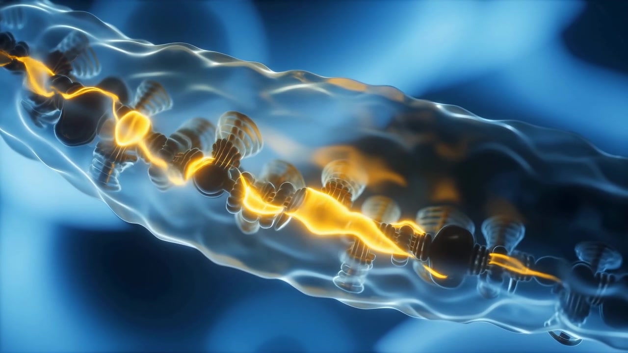 Close-up abstrato de uma cadeia molecular amarela brilhante suspensa em fluido azul translúcido, com reflexos suaves, fundo desfocado e uma atmosfera científica.