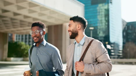 smile, talking and walking with business men