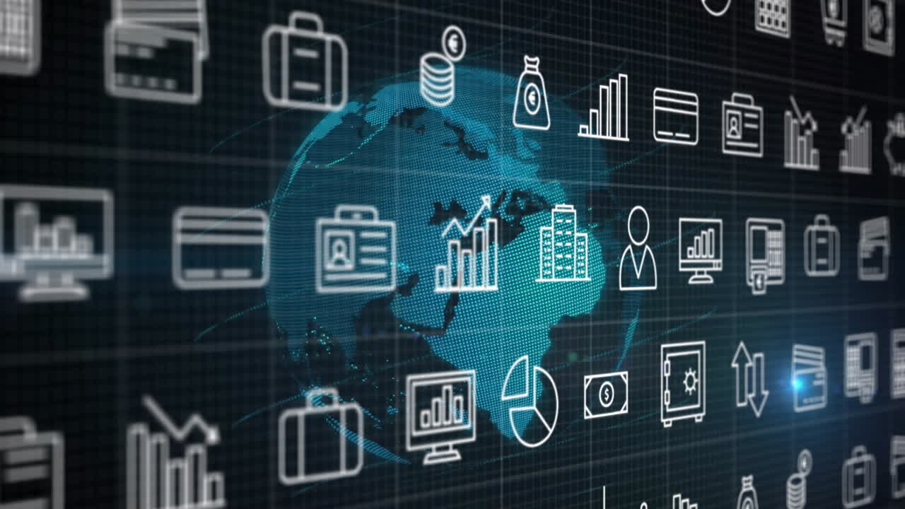 Animation of digital world map with business icons and graphs in background