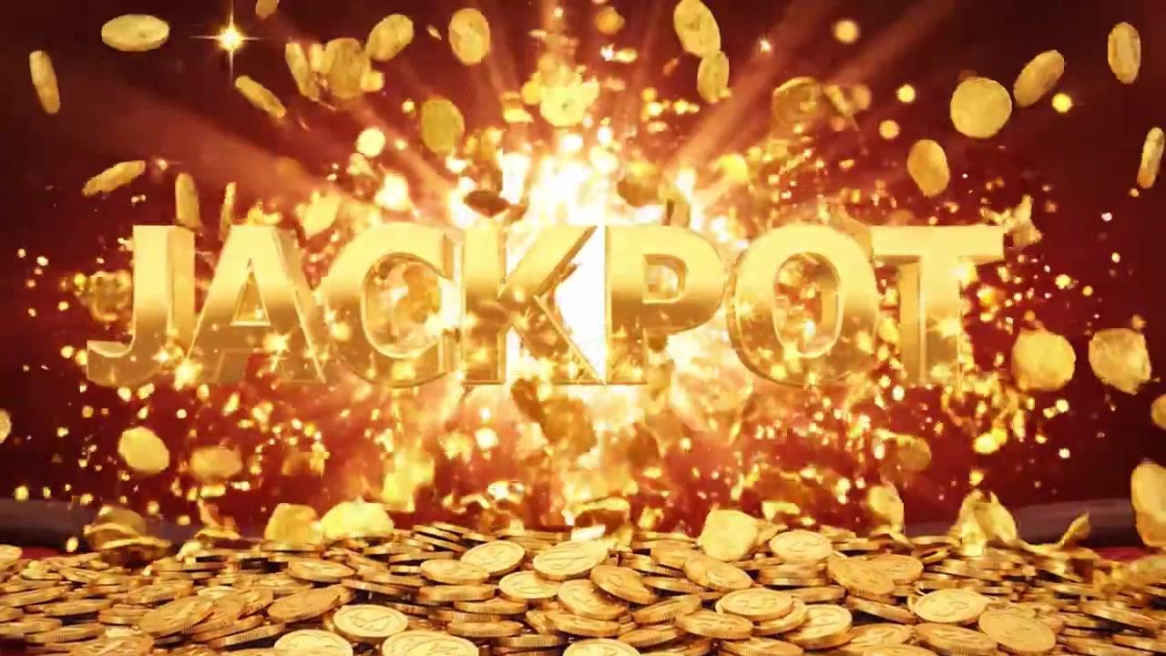 スリリングなゲーム体験の中で、巨大な「ジャックポット」が黄金の輝きを放ち、コインが降り注ぐ興奮の瞬間が捉えられています