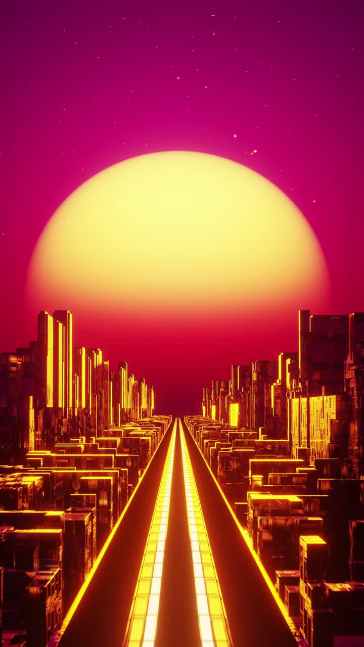 해가 지면 도시 위를 날아다니는 수직 루프 비디오