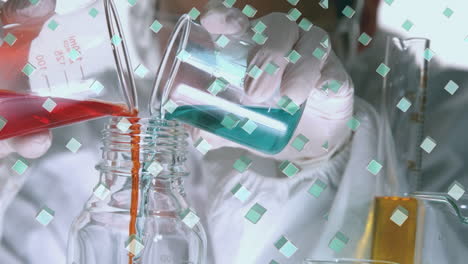 animación de filas de cubos verdes sobre el científico vertiendo líquido en el vaso de laboratorio
