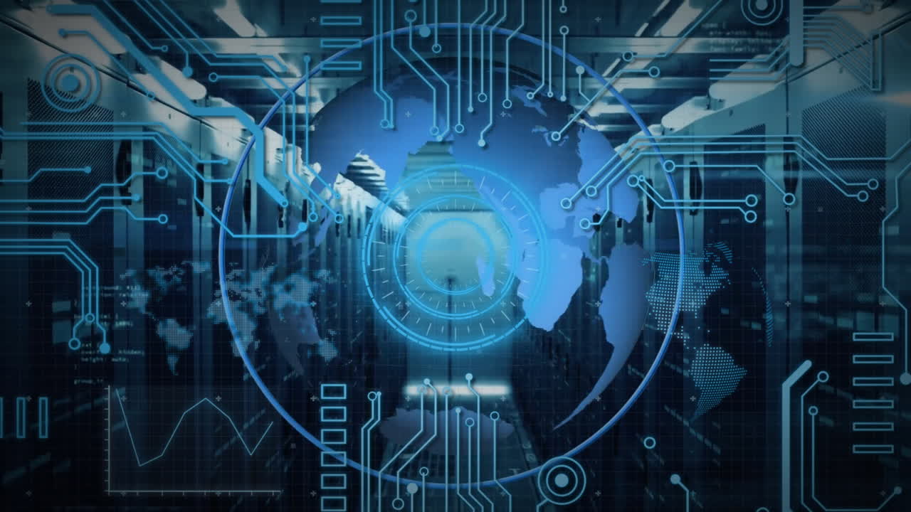 지구의 애니메이션과 컴퓨터 서버를 통한 데이터 처리