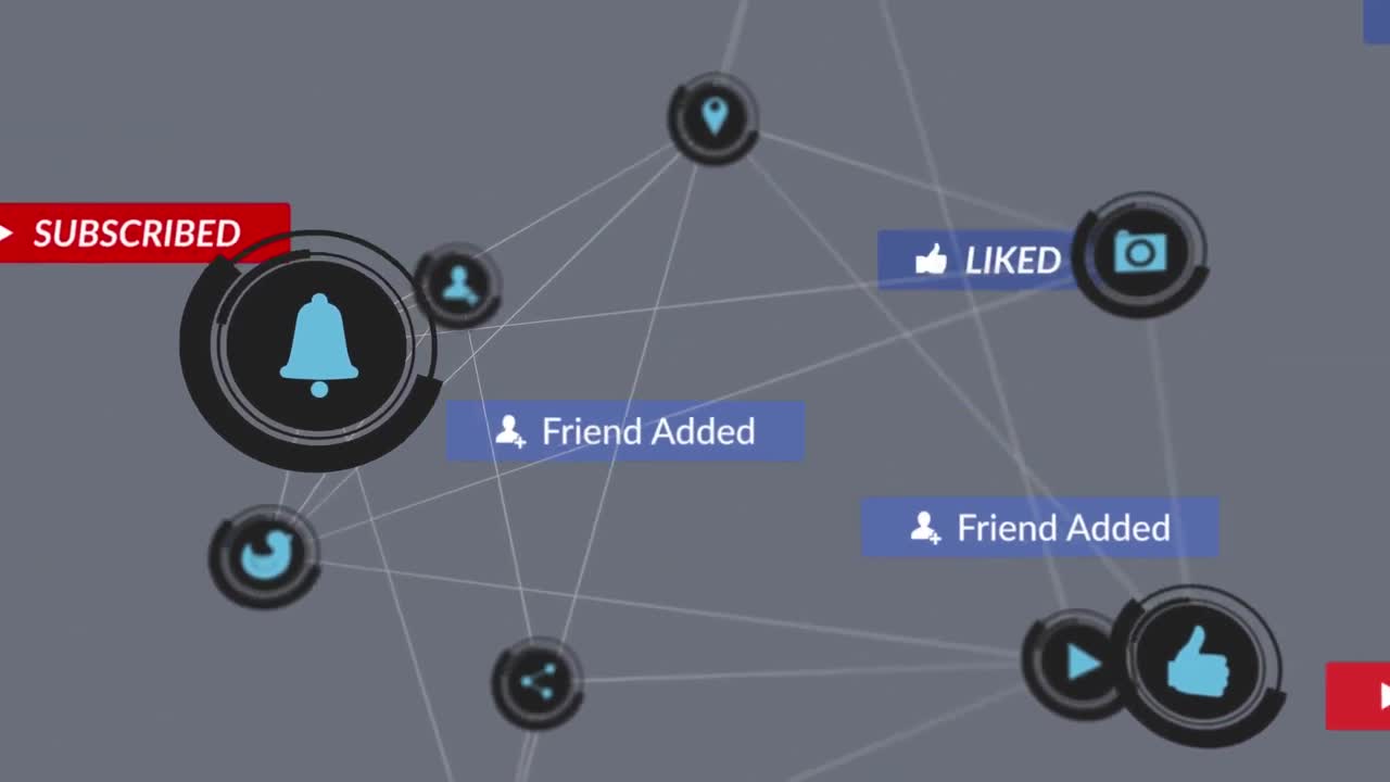 회색 배경 위에 떨어지는 소셜 미디어 아이콘과 이모티콘의 애니메이션