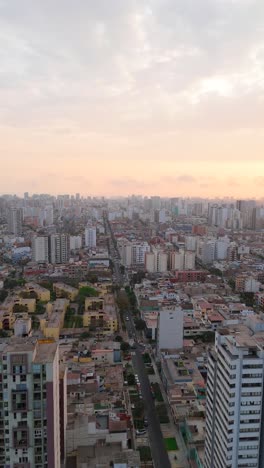 captivating drone footage taken at dusk, showing a city in lima peru