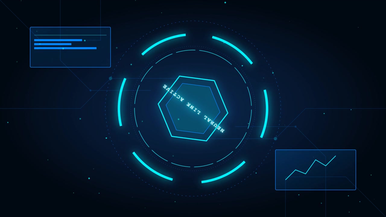 Futuristic Neural Link Interface Rotating in Digital Cyberspace