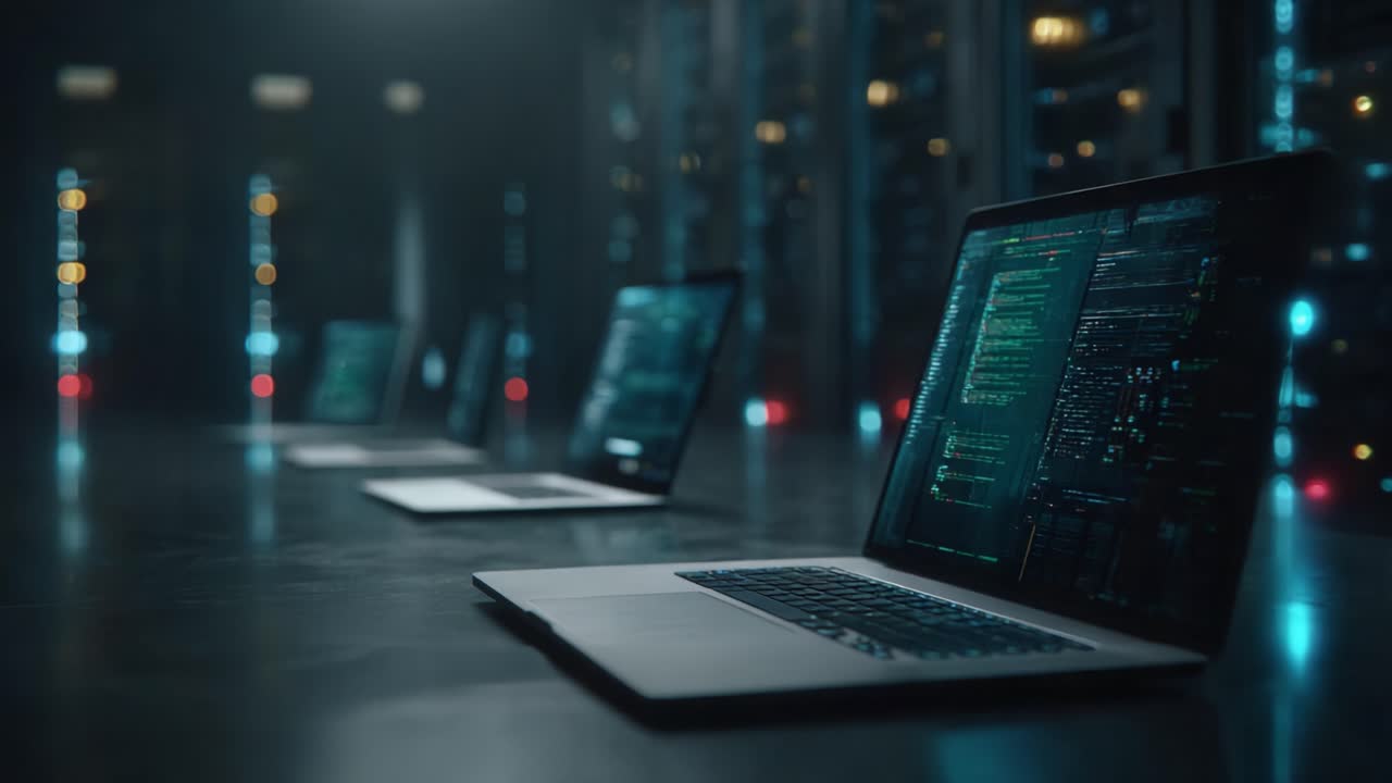A Modern Data Center with Multiple Laptops Featuring High-Tech Displays and Server Infrastructure, Depicting Advanced Technology in Use