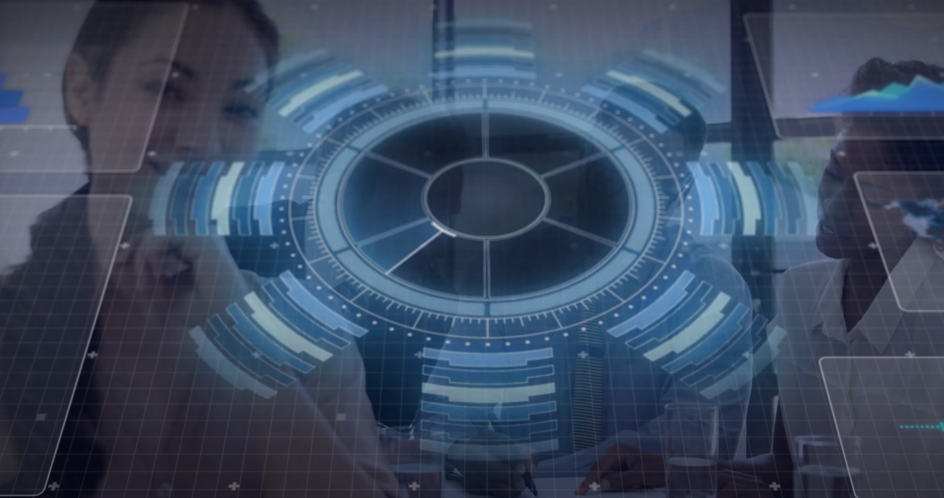 Team of four taking notes as holo disk appearing, rotating, highlighting UI for business meeting