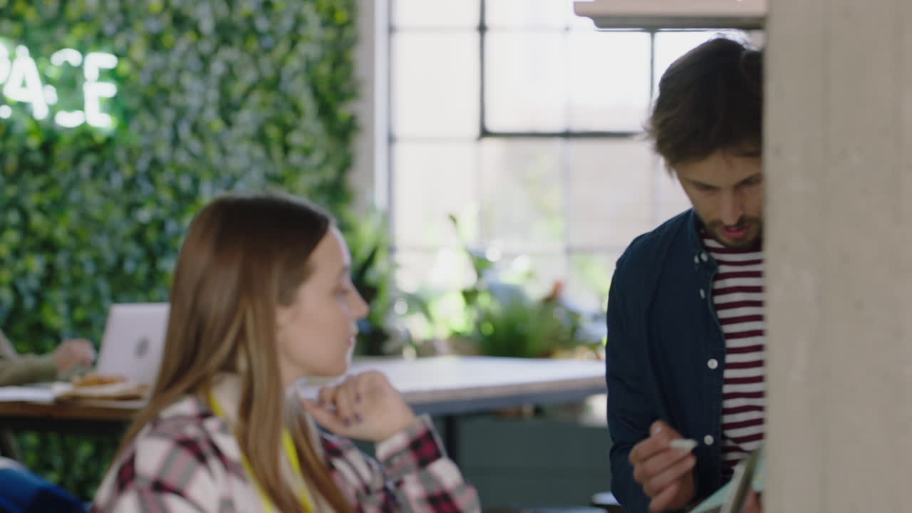 joven líder de equipo caucásico hombre usando una tableta digital mostrando ideas mujer de negocios señalando la pantalla compartiendo retroalimentación colegas colaborando en una oficina moderna creativa