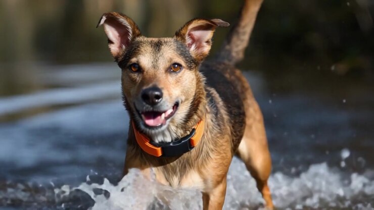 Un Cane Gioioso Sguazza nell'Acqua, Mettendo in Mostra la Sua Natura Giocosa ed Energia in un Contesto Esterno Vivace, Catturando un Momento di Pura Felicità ed Eccitazione