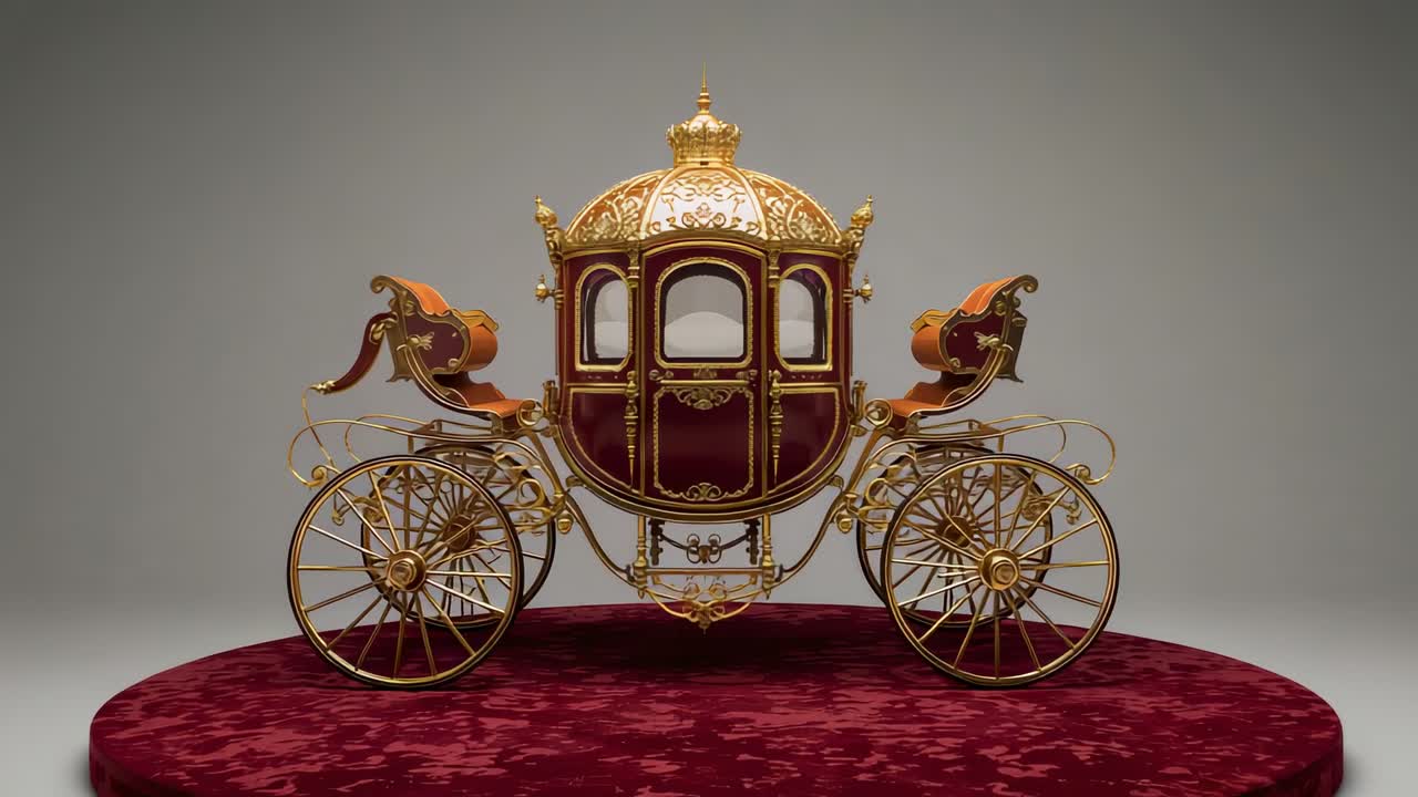 Starting rotation of carriage on platform in studio, camera moving in highlighting gold filigree