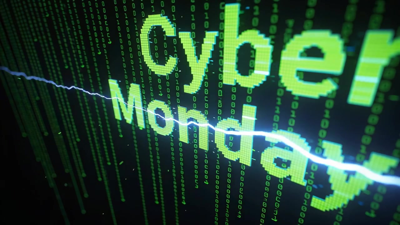 Zooming cyber Monday text shifting during binary rain, glitch appearing and causing brief flicker