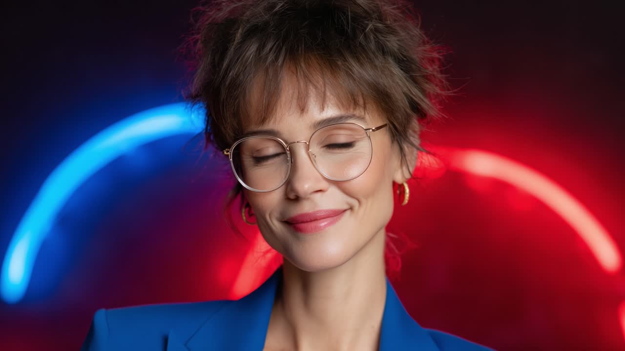 A Charismatic Woman in an Elegant Blue Suit and Glasses, Radiating Confidence Against a Vibrant Background of Red and Blue Lights
