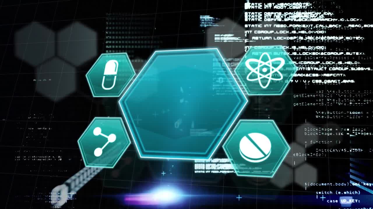 Animation of data processing and medical icons over black background