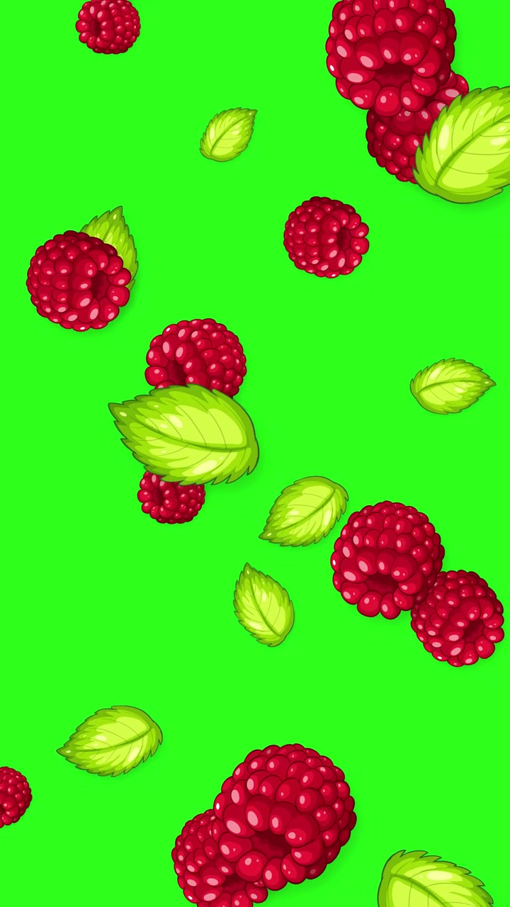 Cartoon raspberries and mint leaves fall vertically against a bright green screen background.