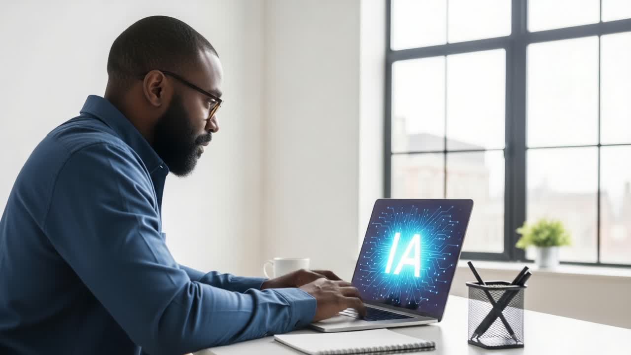 Focused Professional Engaged in Advanced Tasks, Utilizing Laptop to Explore Innovative Ideas Around Artificial Intelligence in a Modern Office Environment