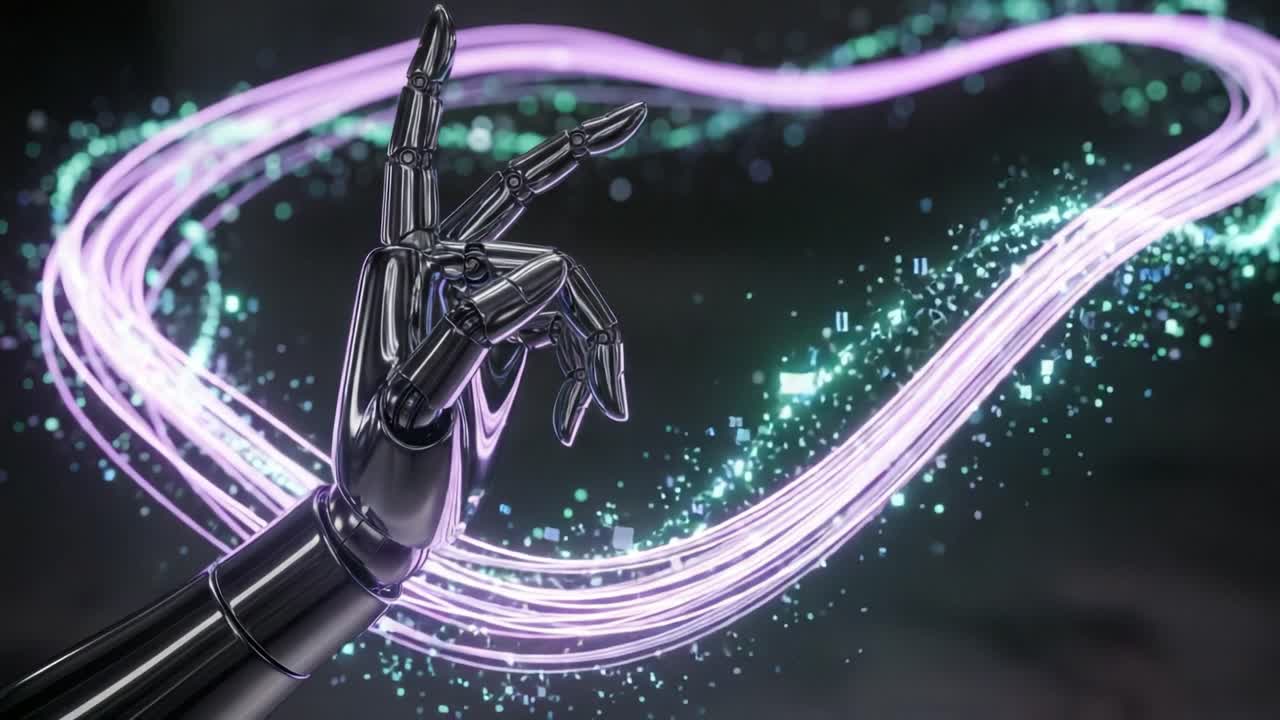 A Futuristic Robotic Hand Manipulating Streaming Light Patterns with Precision and Grace in a Digital Environment