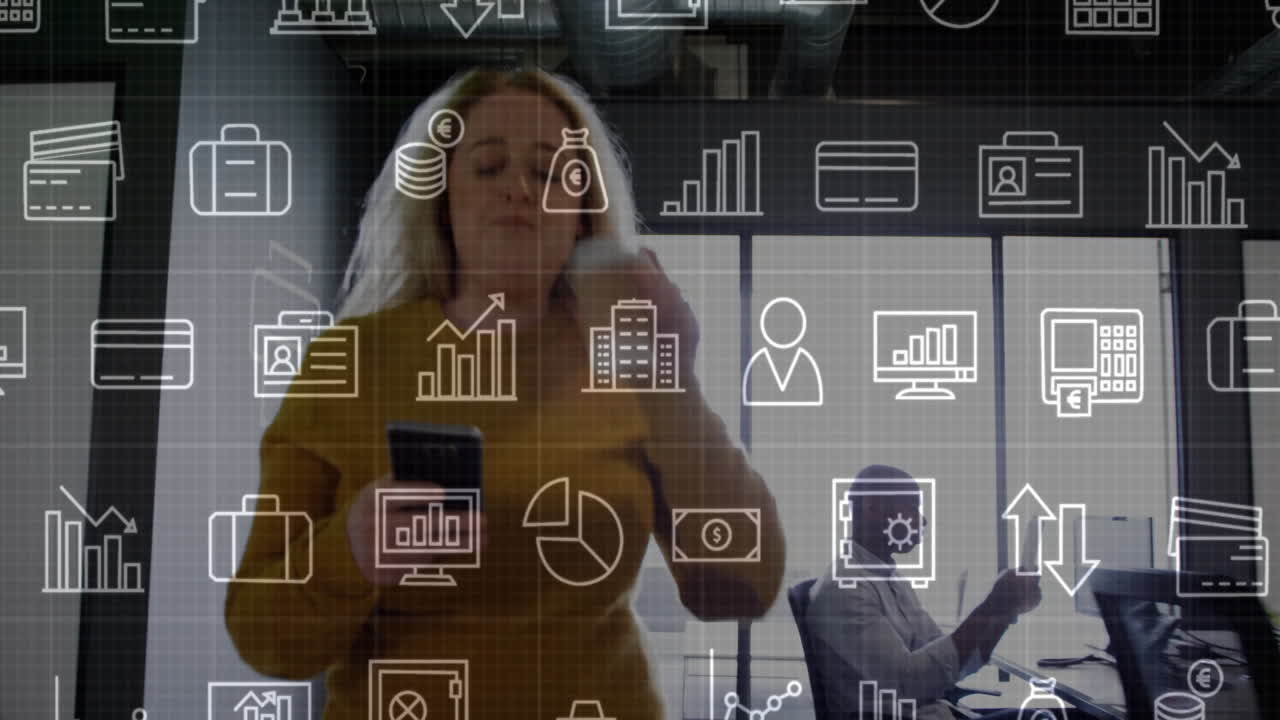 Using smartphone with financial data animation, businesswoman in modern office