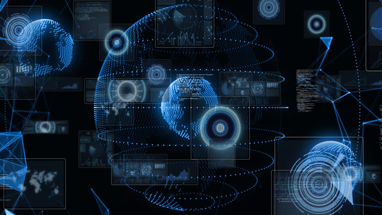 Animation of round scanners and data processing over a globe against black background