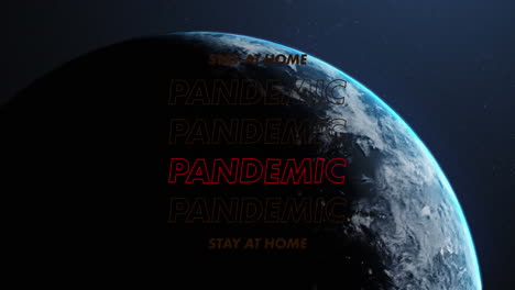 Red stripes against stay at home and pandemic text over globe on blue background