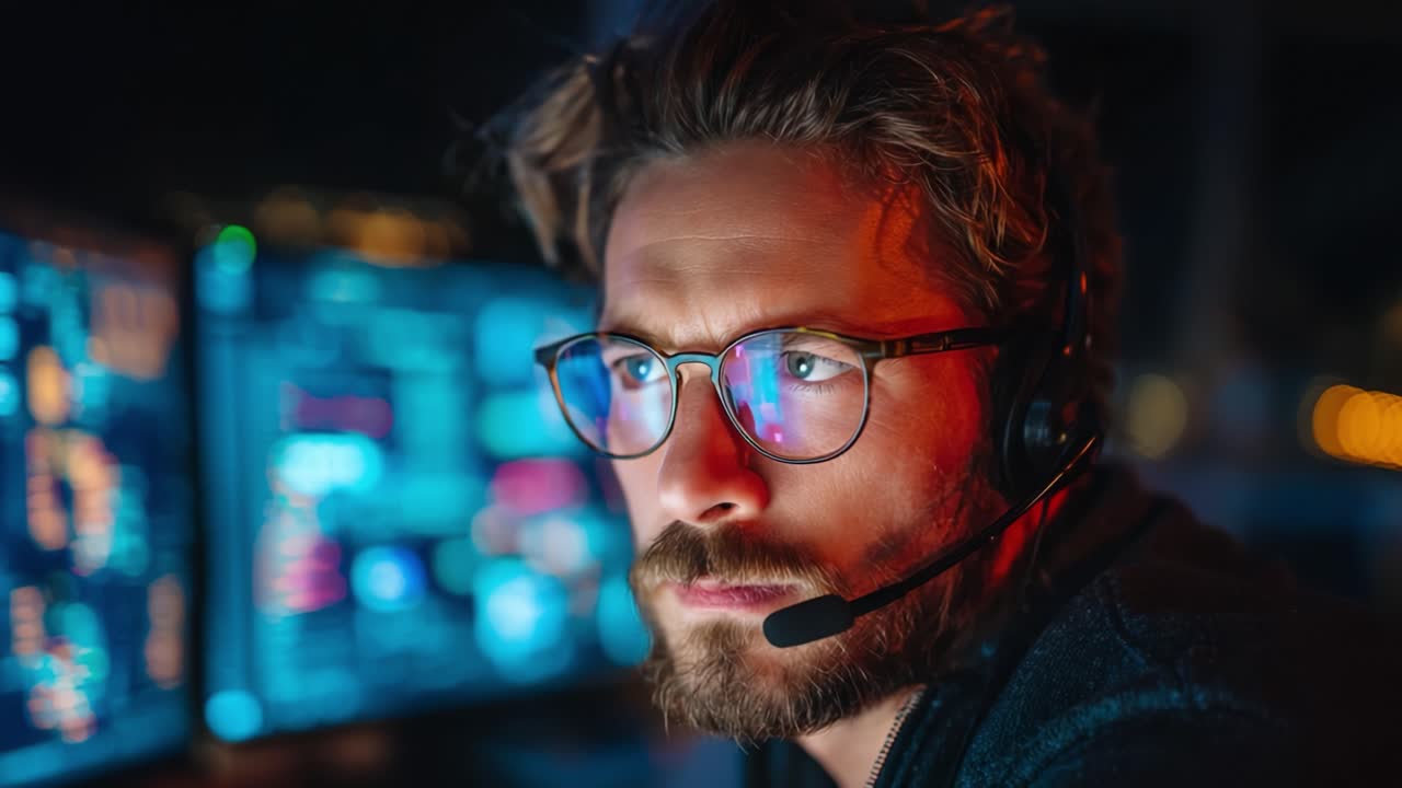 Focused Operator Analyzing Data on Dual Monitors with Headset and Serious Expression Amidst a Colorful Digital Environment