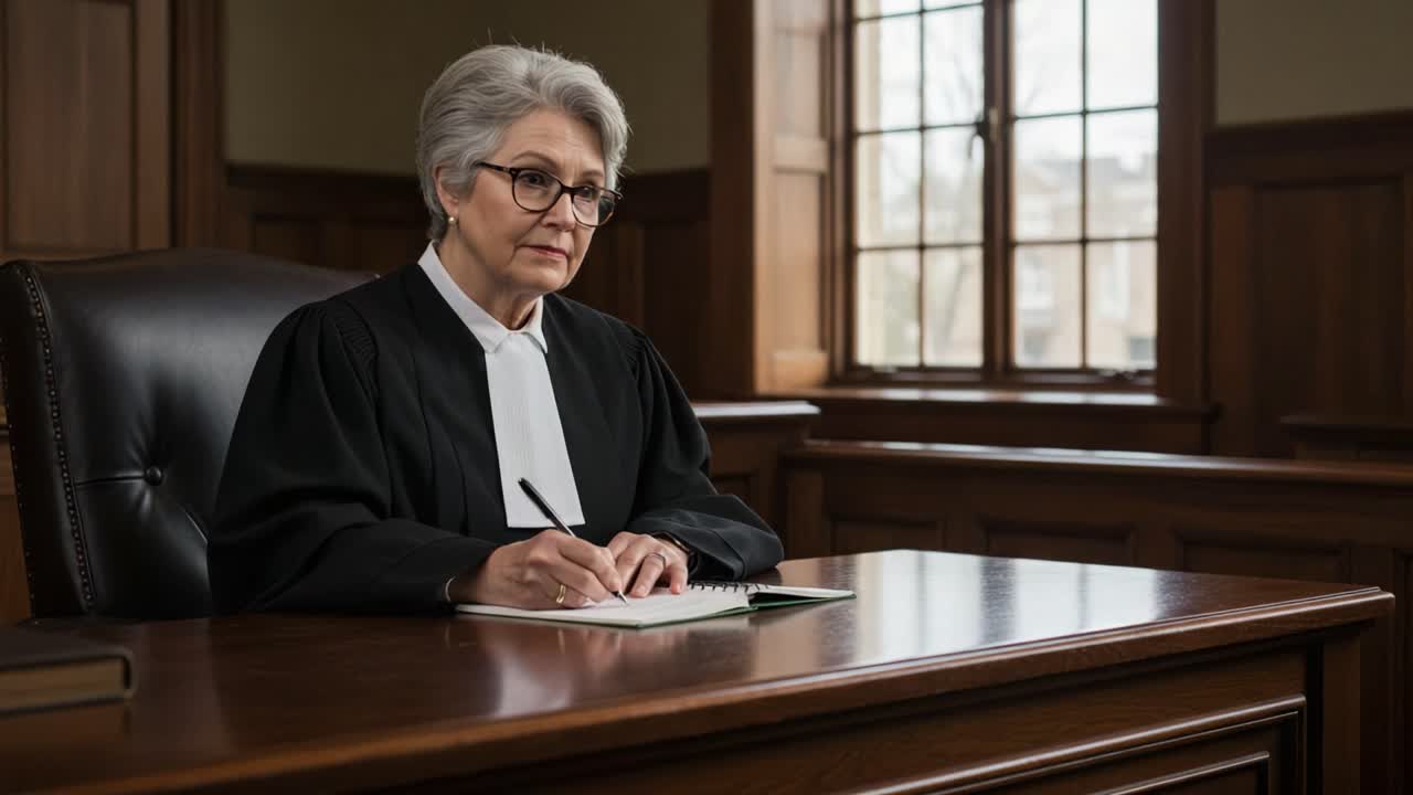 A Senior Judge in a Courtroom, Engaged in Note-taking During Proceedings and Portraying the Diligence and Authority of Legal Responsibilities