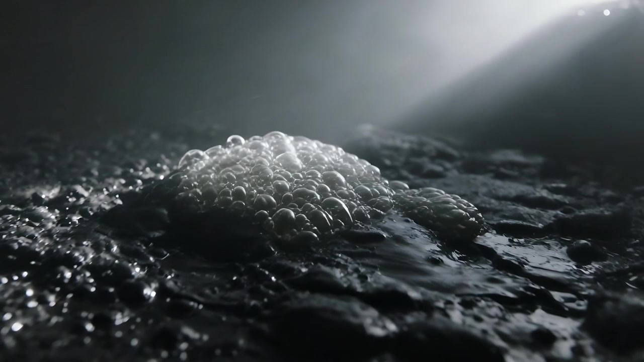 Growing bubble mound merging on wet surface under upper-right beam, vapor plume sparking collapse