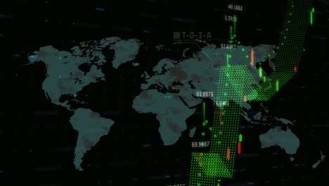Animation-of-graphs,-numbers-and-flying-missile-over-map-against-black-background