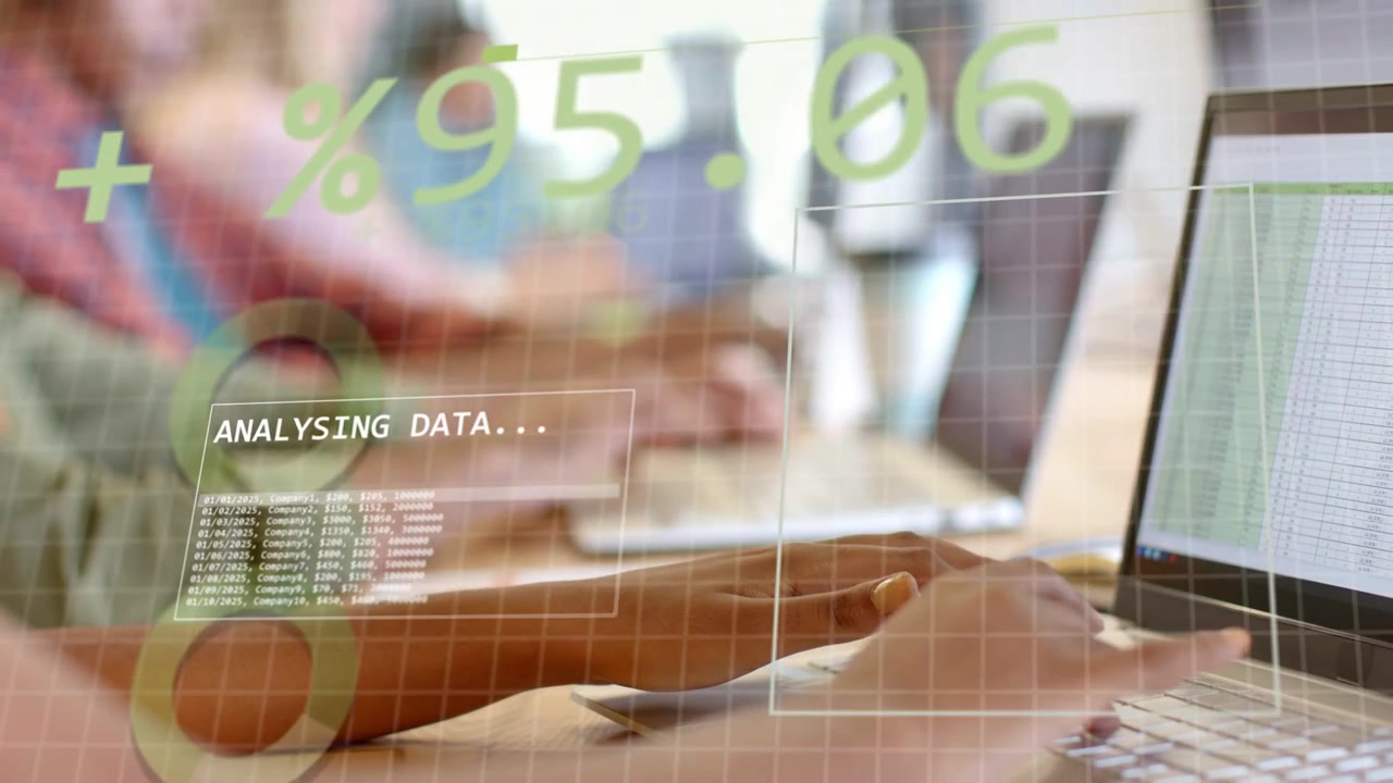 Data analyst tapping pad and typing sheet, HUD updating green percent and grid for business review