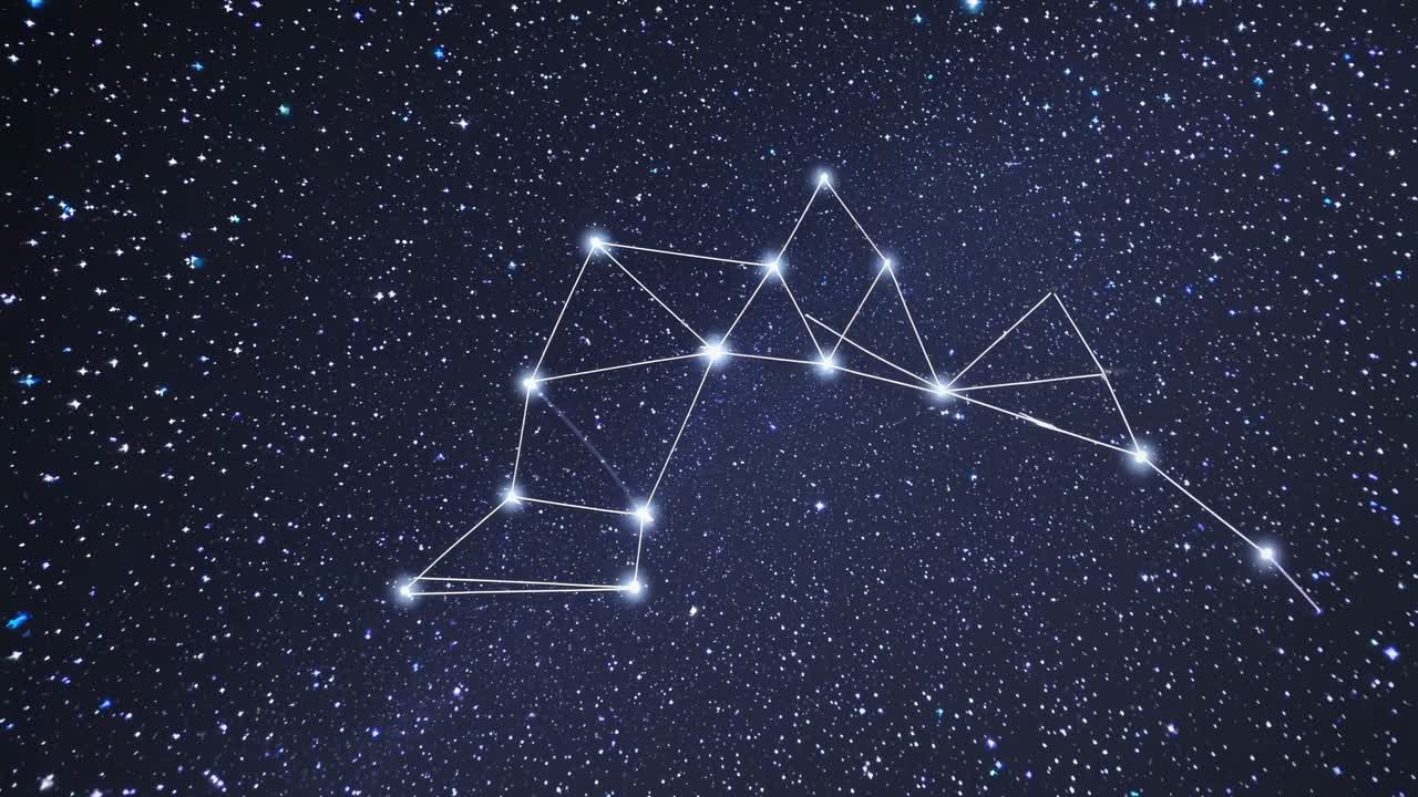 Un video de gran angular captura un cielo nocturno estrellado con una constelación delineada, creando una sensación