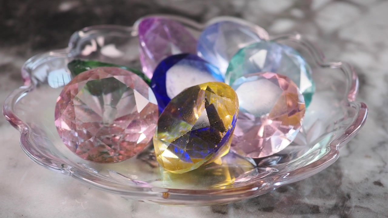 Colorful Sparkling Gems in a Glass Dish