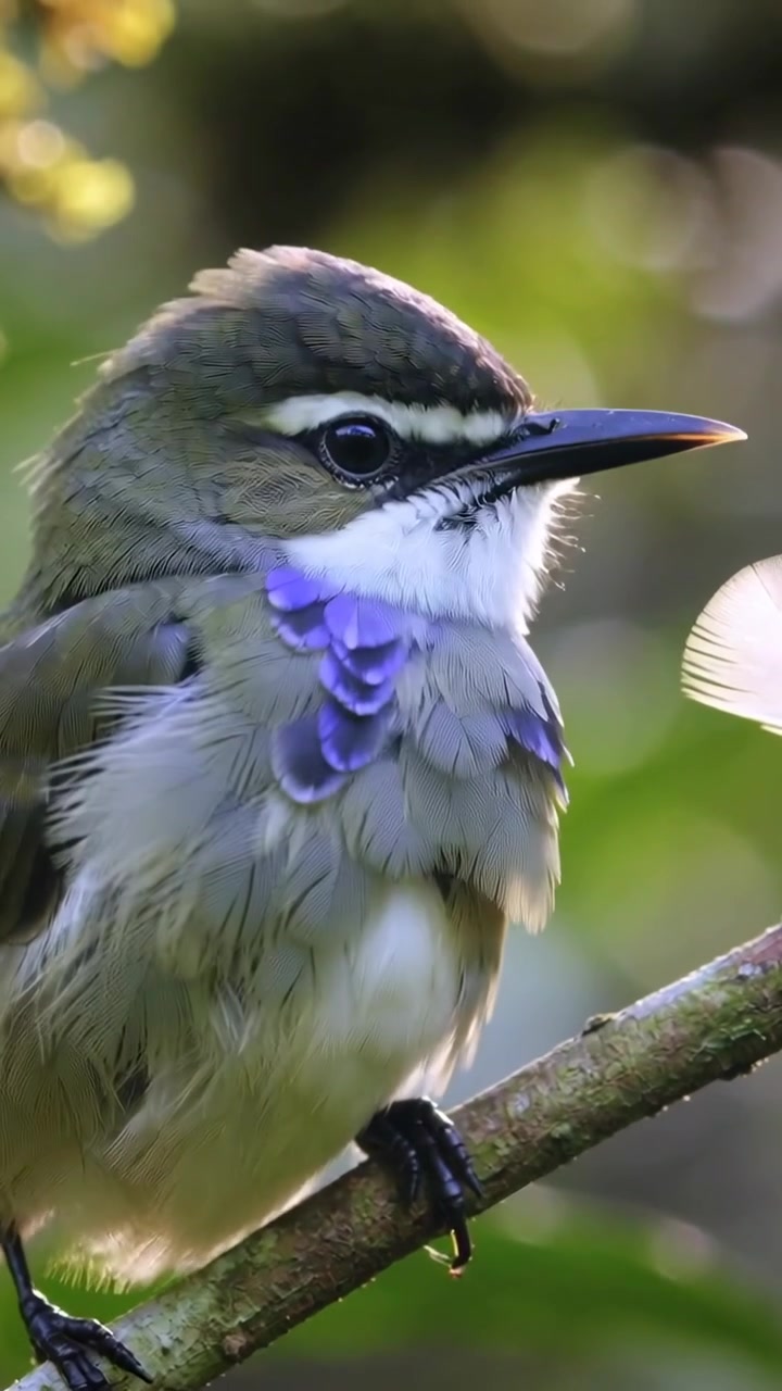 Video verticale: Ispezionando un petalo che fluttua, un uccello oliva appollaiato su un ramoscello nel fogliame, gola viola.