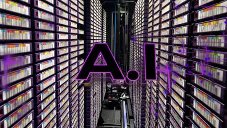 animation of ai text banner and purple light trails against computer server room