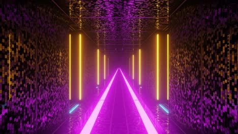 Flying-through-brightly-purple-and-gold-lit-path-in-futuristic-hall-way-architecture,-3d-cgi-rendered-graphic-animation