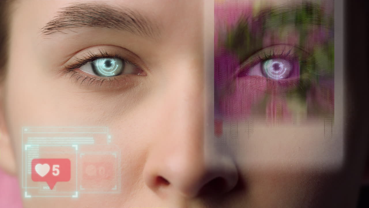 rostro en primer plano holograma de red social proceso de desplazamiento de la alimentación buscando nueva publicación de la aplicación