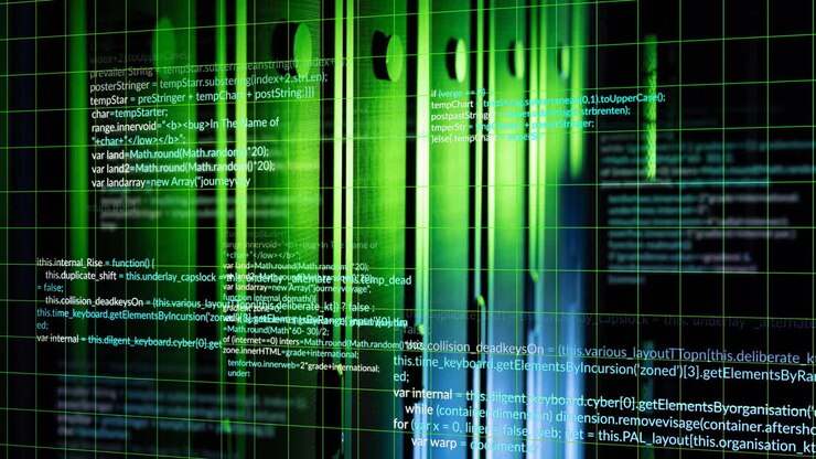 Animation of grid pattern and multicolored computer language over data server systems