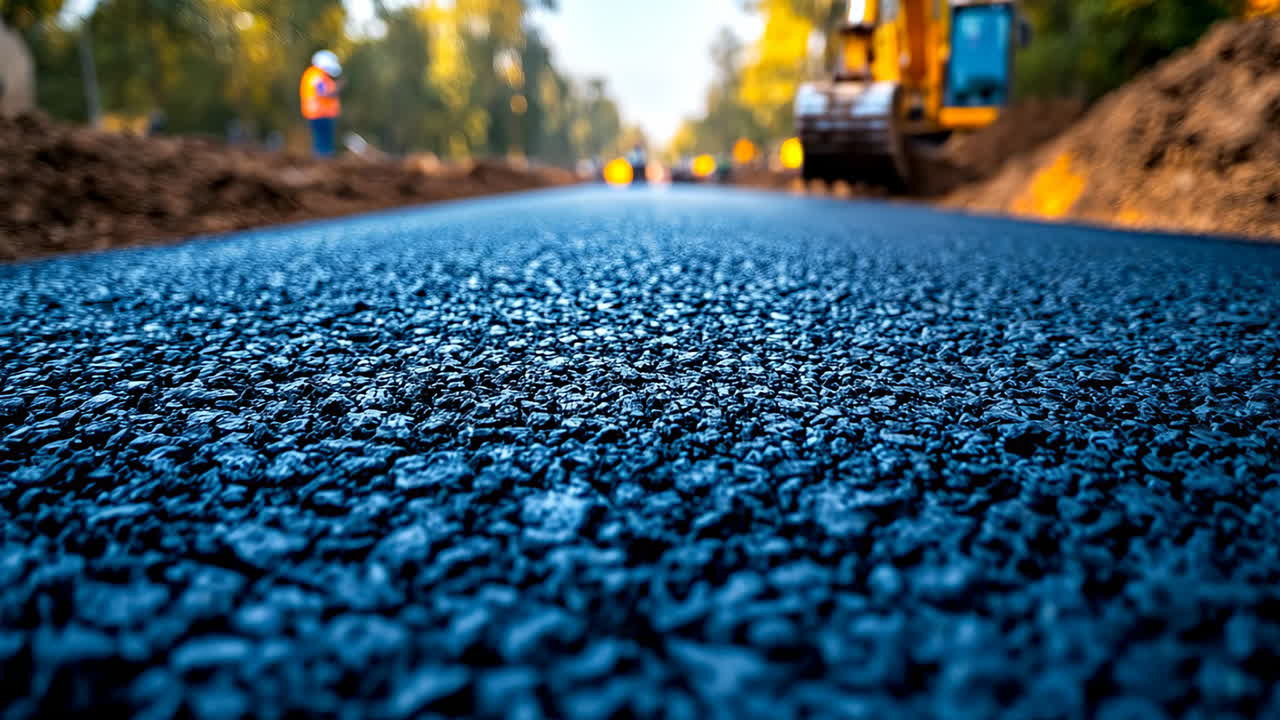 Sunny road construction ongoing. Workers are laying fresh asphalt on a new road in a clear, sunny landscape, surrounded by trees and heavy machinery